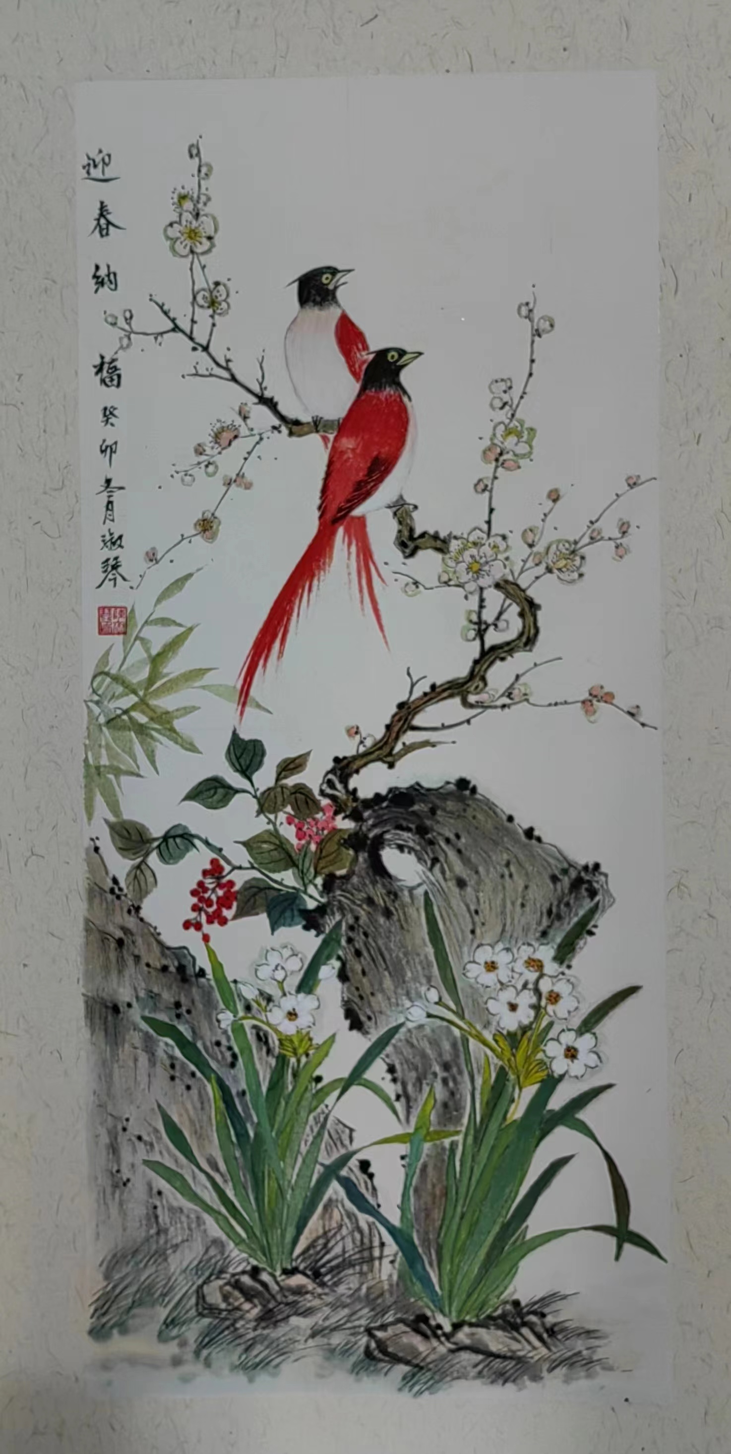 "见行见效 津彩绽放"活动参赛作品:梅花与寿带鸟的结合